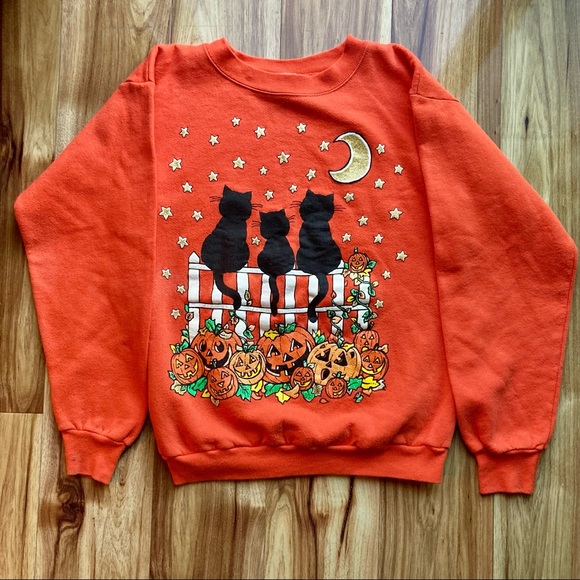 SOLD‼️ Vintage Halloween black cat pumpkin sweatshirt - Picture 1 of 4